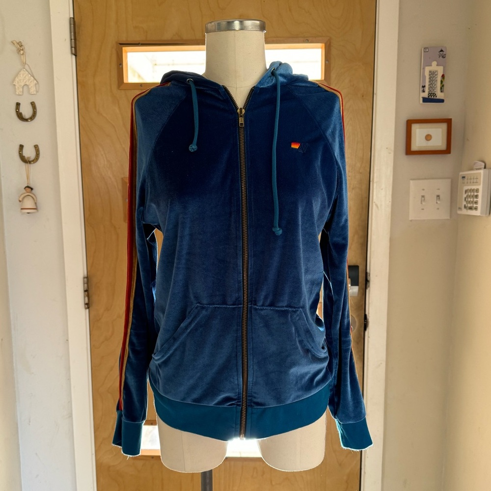 Aviator Nation Classic Velvet Zip Hoodie Vintage Blue